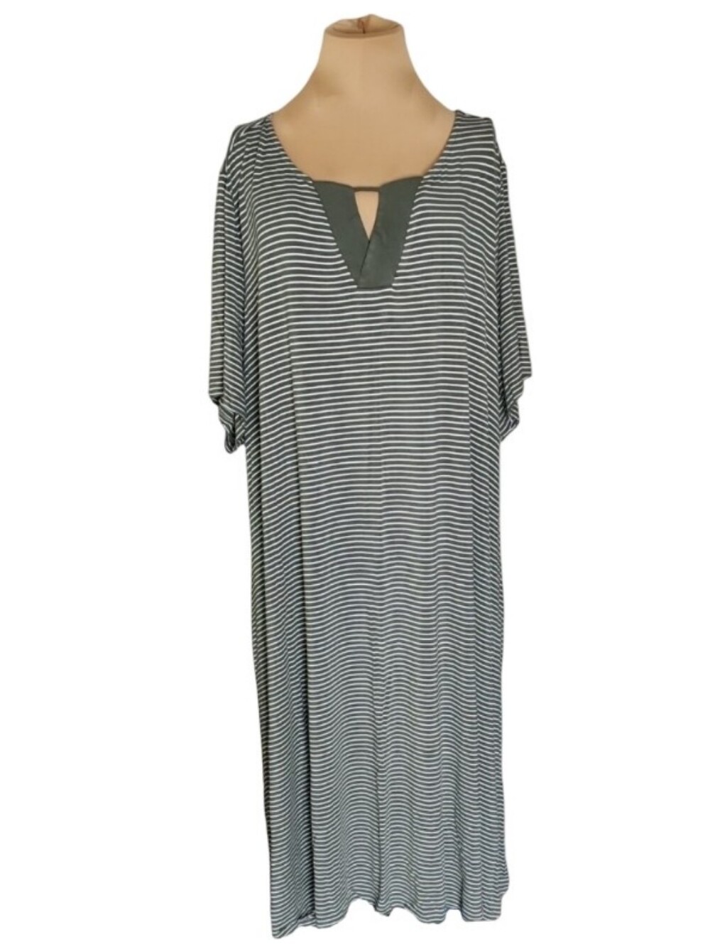 Catherines Midi Dress 3X Plus Olive Green White Striped Short Sleeve Split Neck